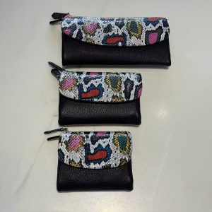 Custom handbag manufacturer sample wallets with printed flap panels and zipper closures