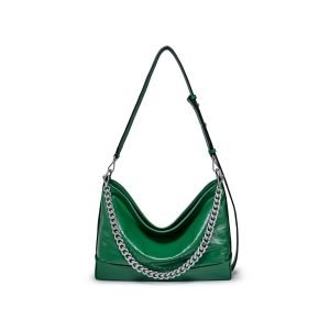 Green shoulder bag sample with chain hardware for custom handbag manufacturing