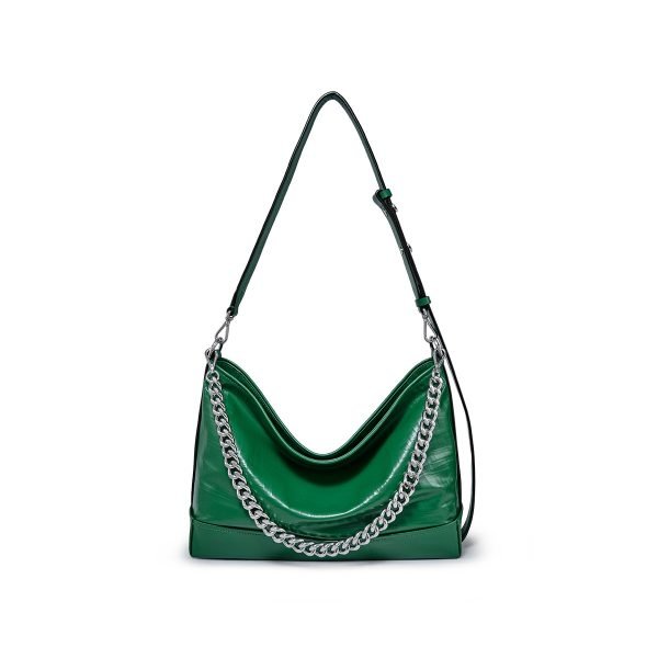 Green shoulder bag sample with chain hardware for custom handbag manufacturing