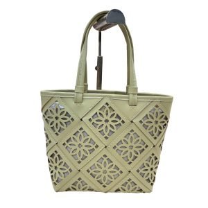 Custom handbag manufacturer tote sample with cutout lattice panels and dual handles