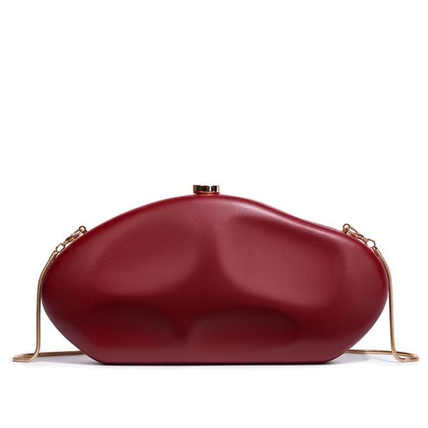 Custom handbag manufacturer reference for red structured clutch with chain strap