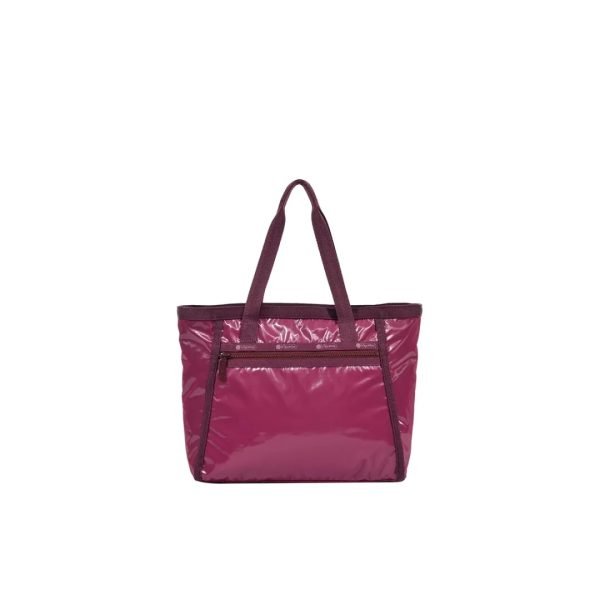Custom handbag manufacturer cataloging glossy tote bag sample with zipper pocket