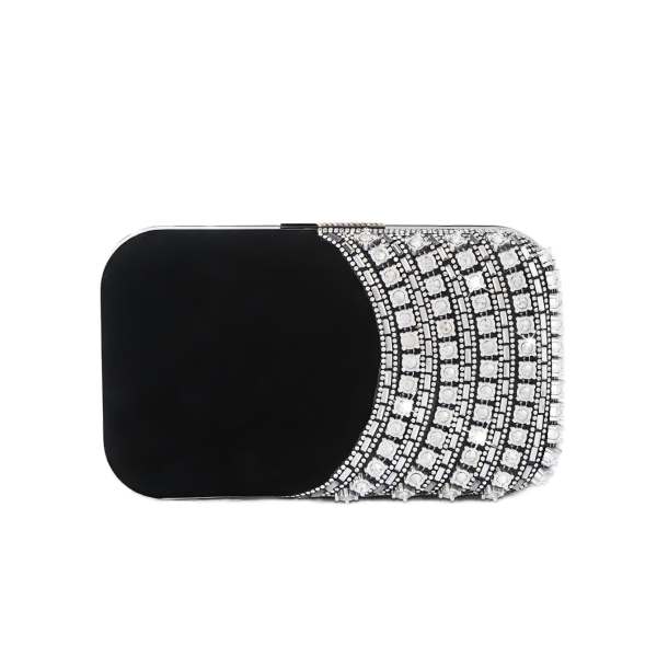 Custom handbag manufacturer reference image of black clutch with crystal hardware pattern