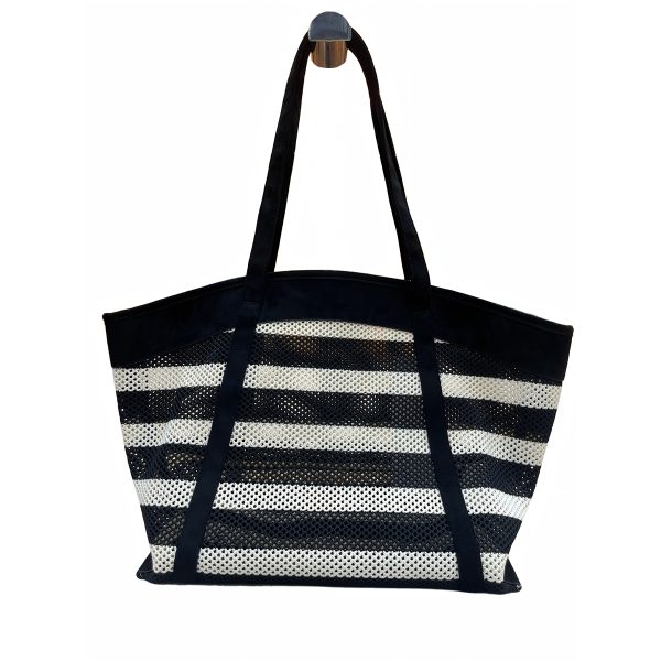 Striped mesh tote bag sample for private label handbag production review