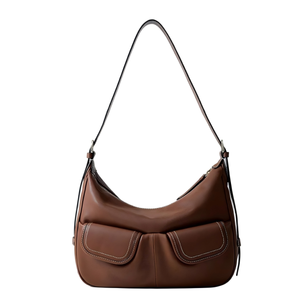 Brown shoulder bag sample documented for custom handbag manufacturing review