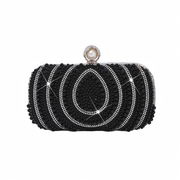 Custom handbag manufacturer black beaded clutch with circular rhinestone alignment