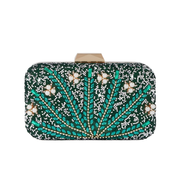 Custom handbag manufacturer reference clutch with beaded surface and metal frame closure