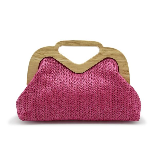 Woven pink clutch bag with wooden handle for custom handbag manufacturing