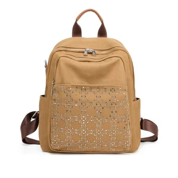 Tan backpack sample with zipper compartments for private label handbag production