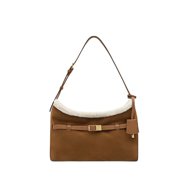 Brown shoulder bag sample with buckle hardware for custom handbag manufacturing