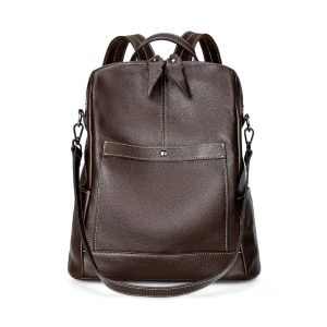 Brown leather backpack sample for custom handbag manufacturing with front pocket