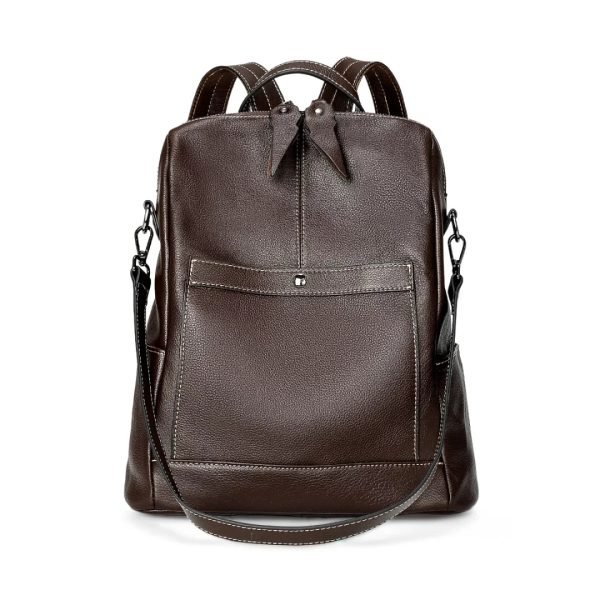 Brown leather backpack sample for custom handbag manufacturing with front pocket