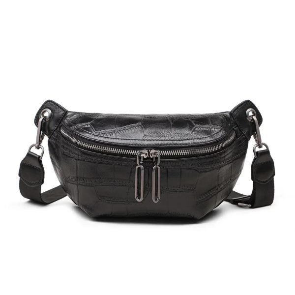 Custom handbag manufacturing black embossed waist bag with zipper and adjustable strap