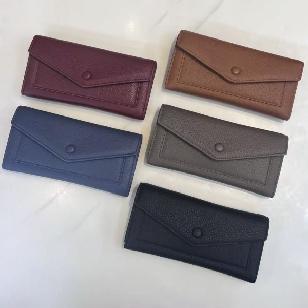 Pebbled leather wallet samples arranged for private label handbag production review