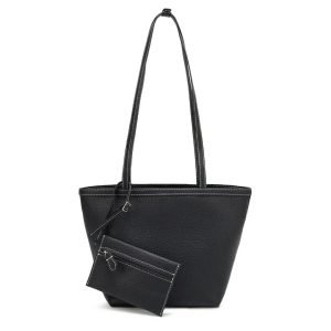 Black pebbled tote bag sample for custom handbag manufacturing review