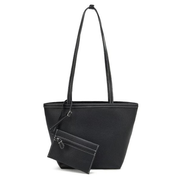 Black pebbled tote bag sample for custom handbag manufacturing review