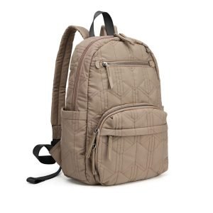 Quilted backpack sample for custom handbag manufacturing with zipper compartments