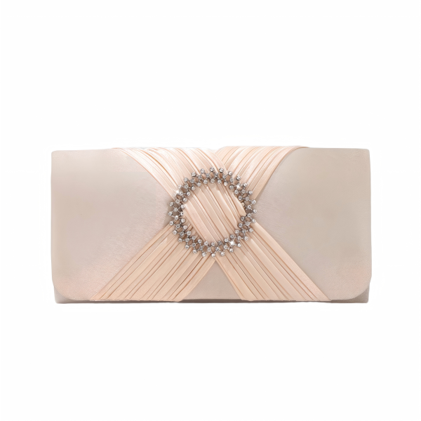 Custom handbag manufacturer sample with pleated satin panels and circular rhinestone hardware