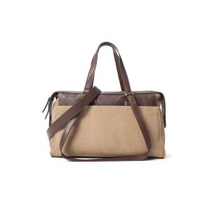 Canvas and leather travel bag sample for custom handbag manufacturing review