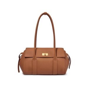 Structured brown handbag sample for custom handbag manufacturing with hardware closure
