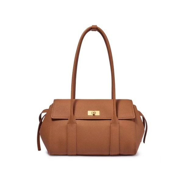 Structured brown handbag sample for custom handbag manufacturing with hardware closure