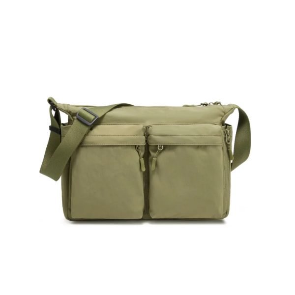 Custom handbag manufacturer sample showing khaki crossbody bag with dual front pockets