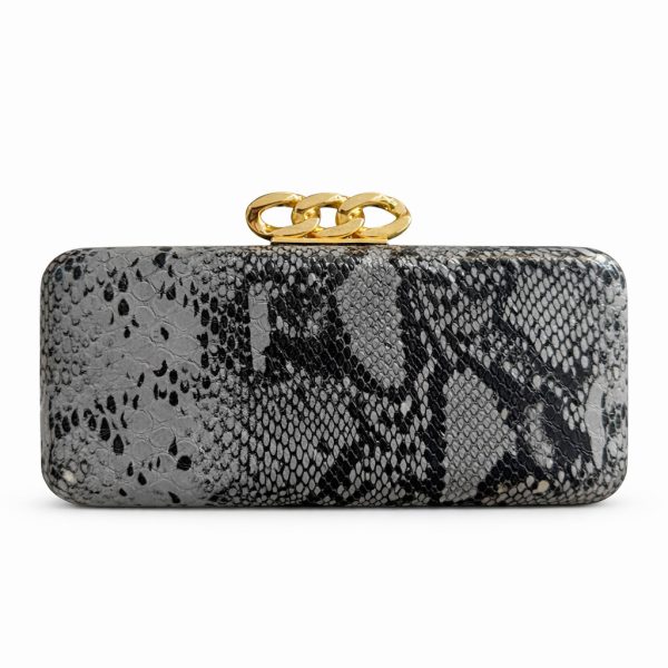 Snake-pattern clutch sample with chain clasp for custom handbag manufacturing