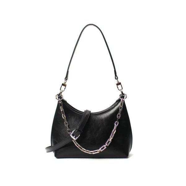 Black shoulder bag sample with chain hardware for private label handbag production