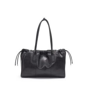 Black leather tote sample documented for custom handbag manufacturing review