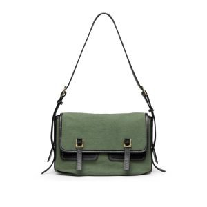 Custom handbag manufacturer sample with green flap body and adjustable shoulder strap