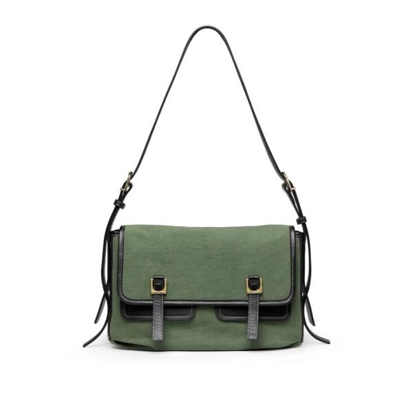 Custom handbag manufacturer sample with green flap body and adjustable shoulder strap