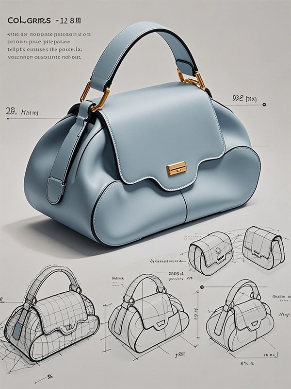 Custom handbag manufacturer concept sample with technical sketches and handle hardware