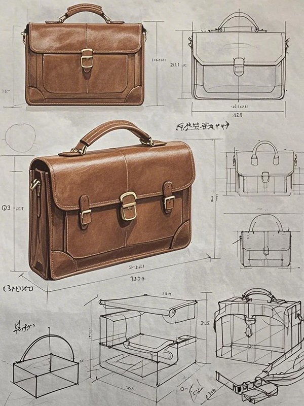 Custom handbag manufacturer briefcase design sketch with dimensions and hardware layout