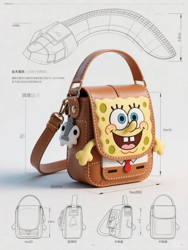 Cartoon character handbag sample with technical drawing for custom handbag manufacturing