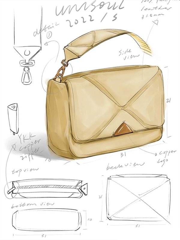 Custom handbag manufacturing sketch showing quilted shoulder bag structure and hardware placement