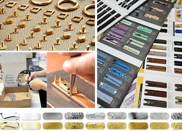 Handbag hardware components displayed for custom handbag manufacturing material selection