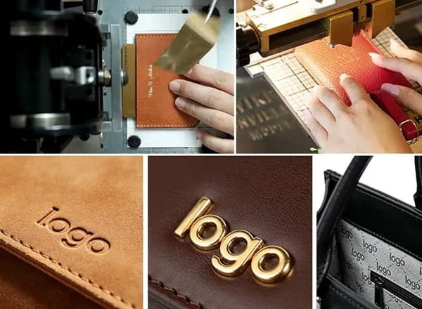 Logo embossing and hardware branding samples for custom handbag manufacturing review