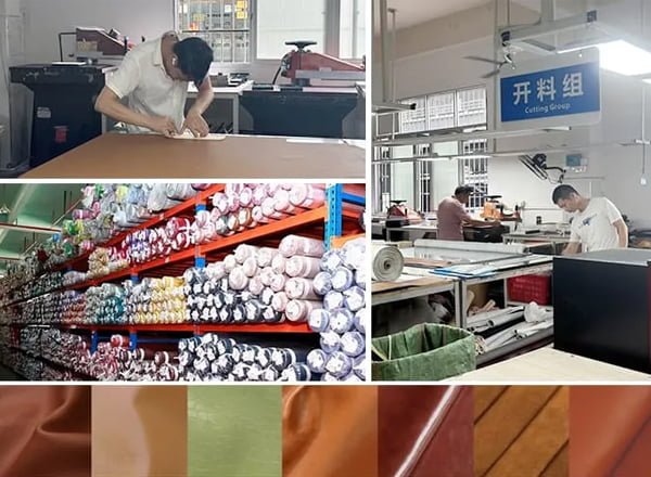 Handbag factory process showing material rolls and cutting group preparation