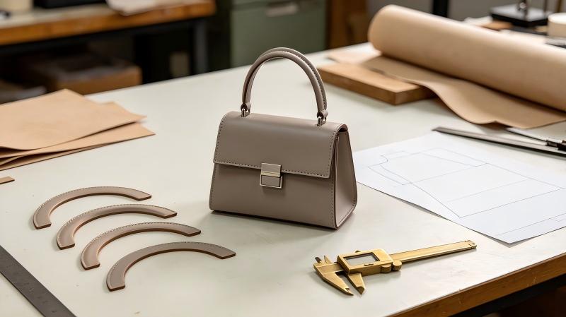 Original curved handle and frame closure study for a compact handbag