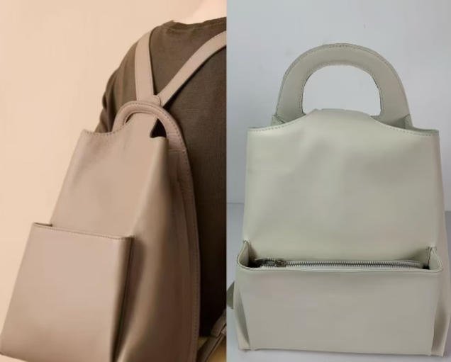 Leather backpack prototype and paper patterns during custom bag development at Junhao factory