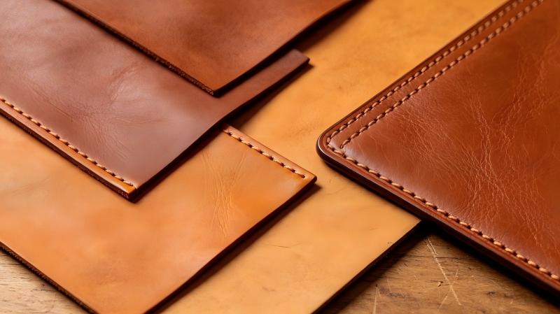 Close editorial study of warm full-grain leather, edges, stitching, and patina