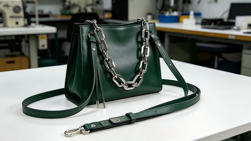 Original handbag chain and strap architecture designed for controlled movement