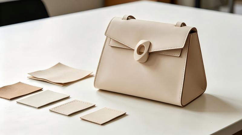Original open-flap handbag study showing lining hinge and closure behavior