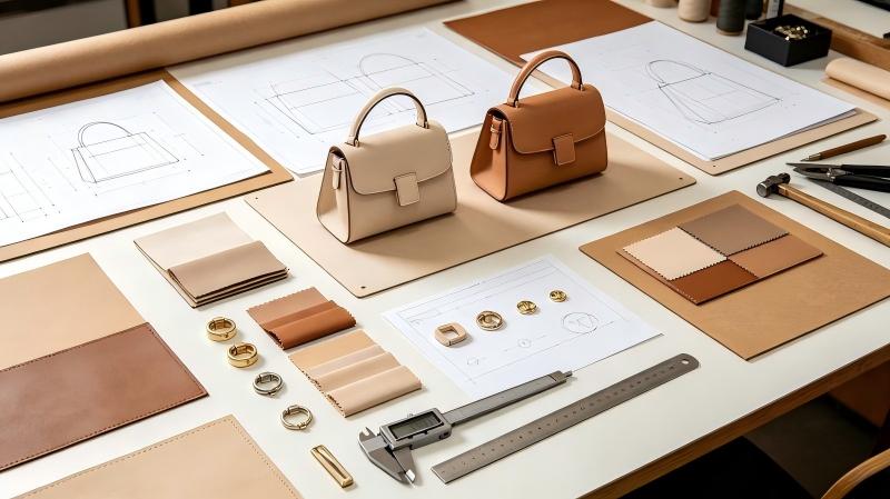 Original private-label leather range development with material boards and proportion prototypes