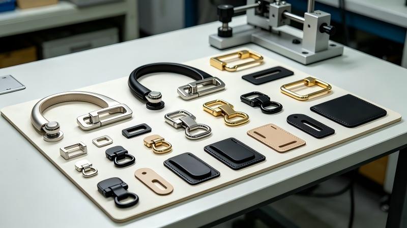 Private label handbag hardware test board with original closures handles and strap mounts