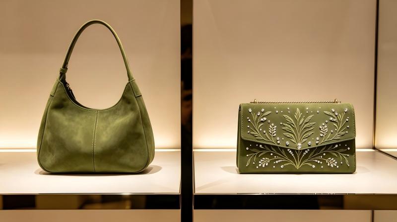 Original handbag display comparing quiet tactile and decorative retail lanes