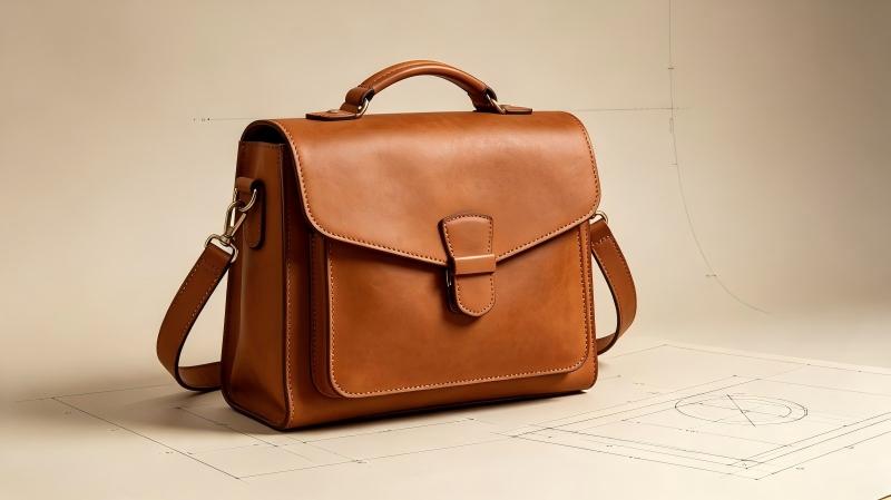 Original leather satchel proportion study with flap, gusset, top handle, and shoulder strap
