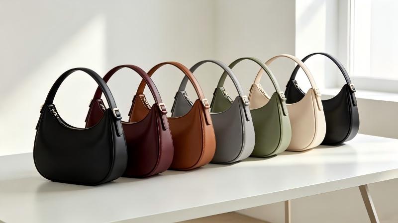 Seven-color shoulder bag assortment arranged for a hero product launch