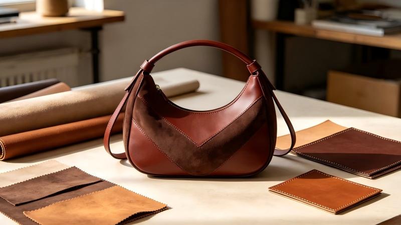 Original soft shoulder bag study using suede and smooth leather panels