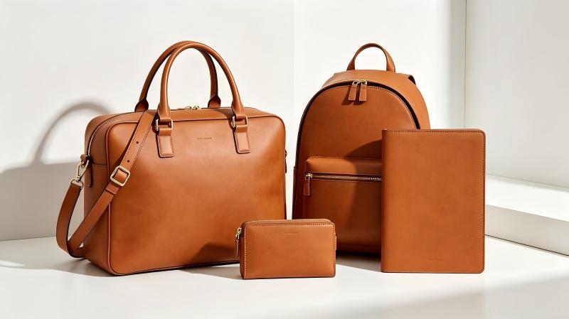 Original coordinated leather assortment of day bag, backpack, portfolio, and small accessory